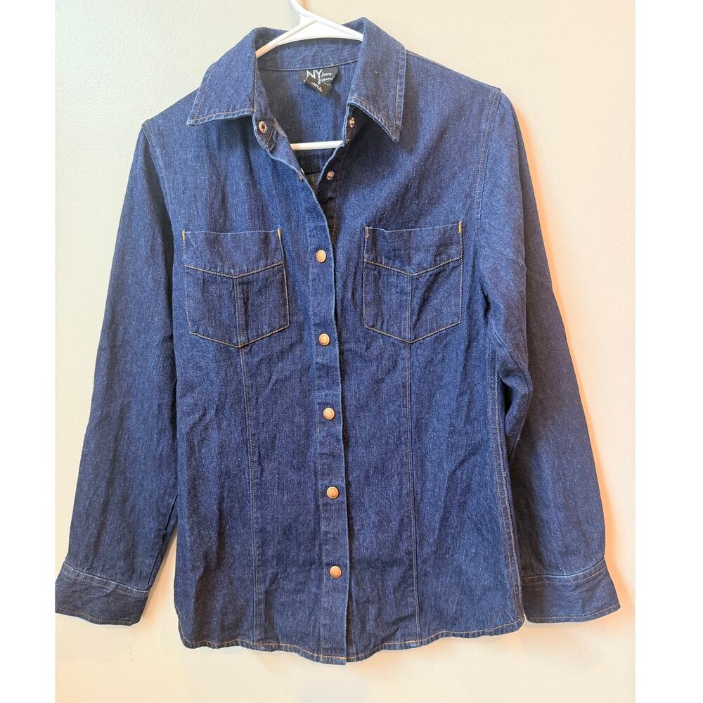 Vintage NY Jeans Denim Shirt Dark Wash Snap Button 100% Cotton Women's Size S